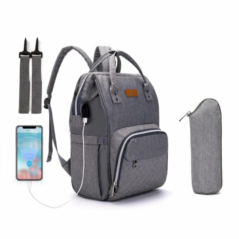 Sac à couche avec port USB et sac isotherme - Gris - Couche Sac à langer