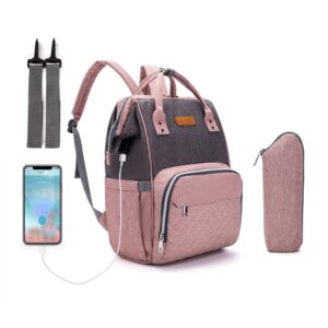 Sac à couche avec port USB et sac isotherme rose avec un fond blanc et des accessoires comme un portable