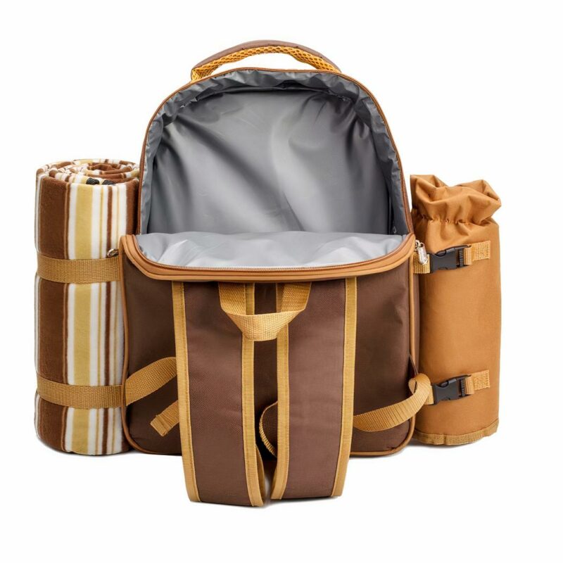 Une glacière apollo walker sac à dos pique-nique pour 4 personnes avec compartiment glacière, porte-bouteille/vin amovible, couverture polaire, assiettes et couverts