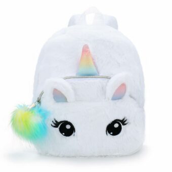 Sac à dos enfant tout doux licorne blanche avec un fond blanc