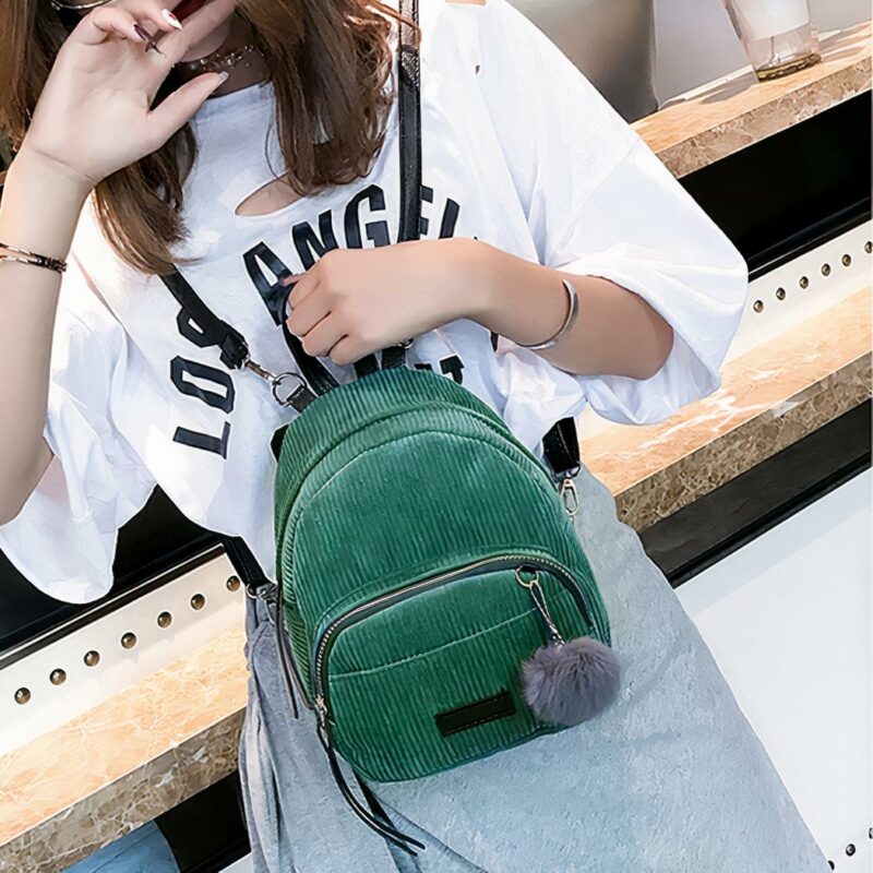 Sac à dos femme petit format velours côtelé - Vert - Sac à dos scolaire Sac à main