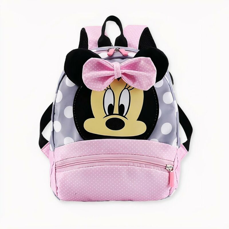 Sac à dos enfant à pois Minnie noir et rouge avec un fond blanc