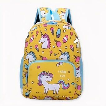 Sac à dos enfant imprimé licornes coloré jaune et bleu.