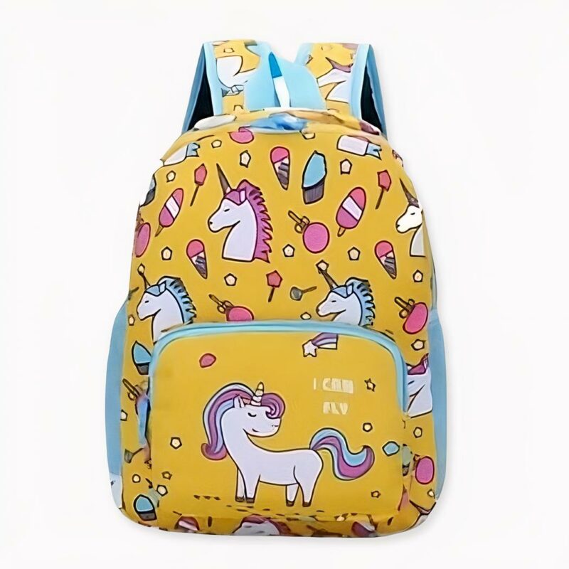 Sac à dos enfant imprimé licornes coloré jaune et bleu.