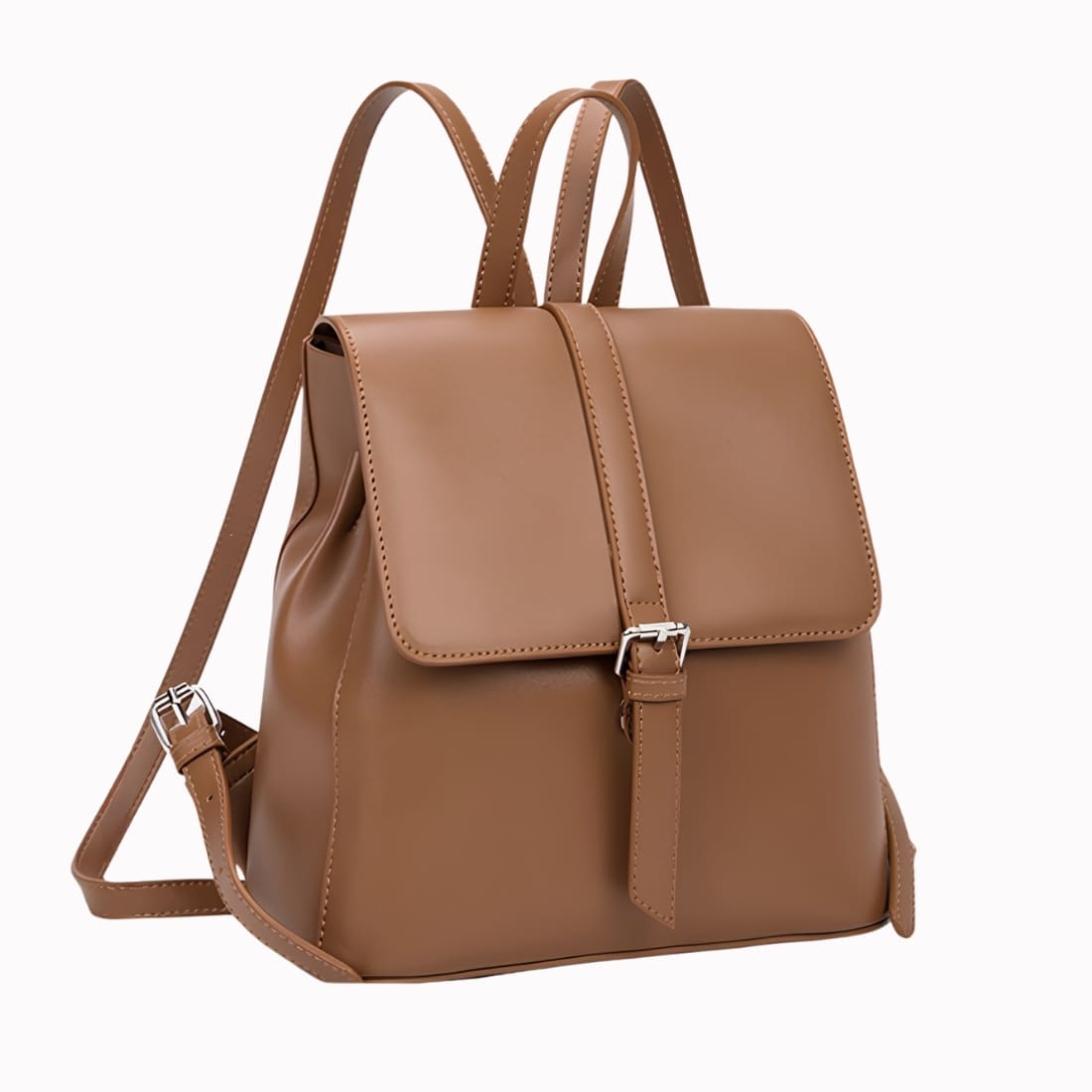 Sac à dos femme en similicuir marron style vintage avec bretelles fines.