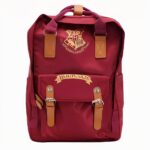 Sac à dos cartable rouge de forme rectangulaire avec la hauteur plus longue que la largeur. Des lanières et une poignée marron. Un logo style blason et une écriture sur la poche du bas en jaune.