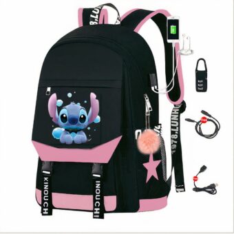 Sac à dos Stitch avec chargeur USB - Rose - T-shirt Sac à dos scolaire
