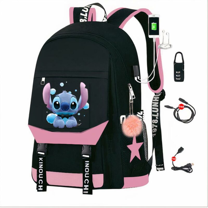 Sac à dos Stitch avec chargeur USB - Rose - T-shirt Sac à dos scolaire