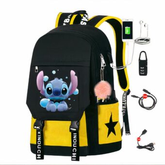 Sac à dos Stitch avec chargeur USB - Jaune - Sac à dos scolaire Sac à dos pour garçons