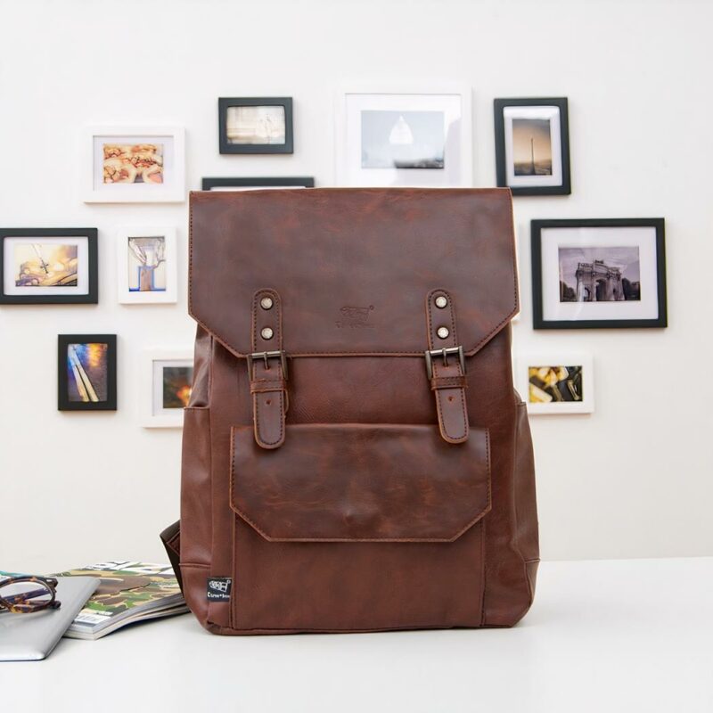 Cartable vintage en cuir synthétique - Marron - Cuir Sac à dos