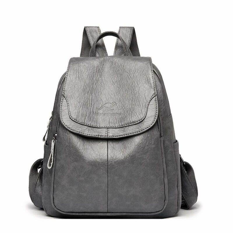 Sac à dos femme en simili cuir de mouton gris avec un fond blanc