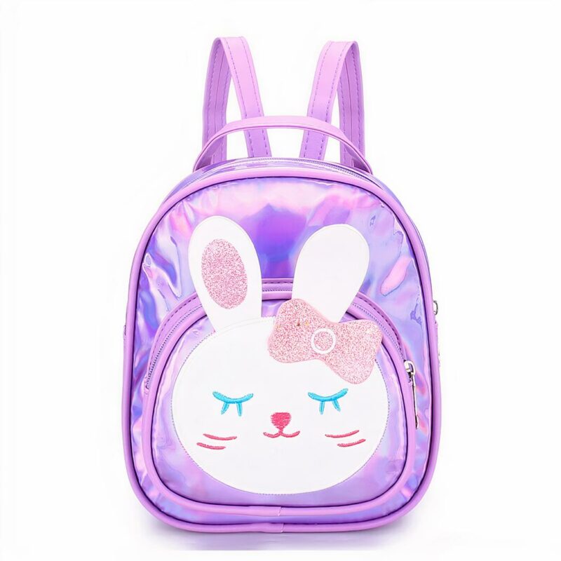 Sac à dos imitation cuir fille réfléchissant motif lapin violet avec un fond blanc