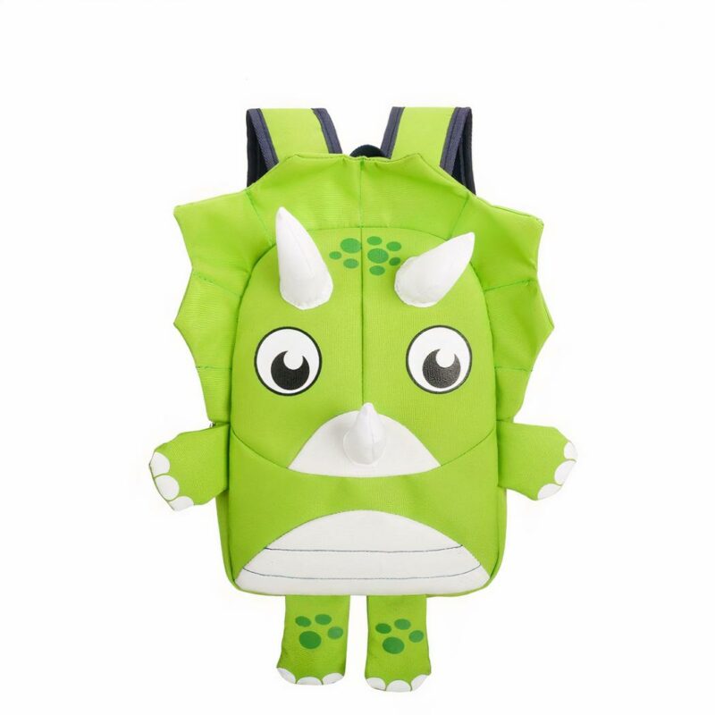 Sac à dos forme dinosaure pour enfant vert avec un fond blanc
