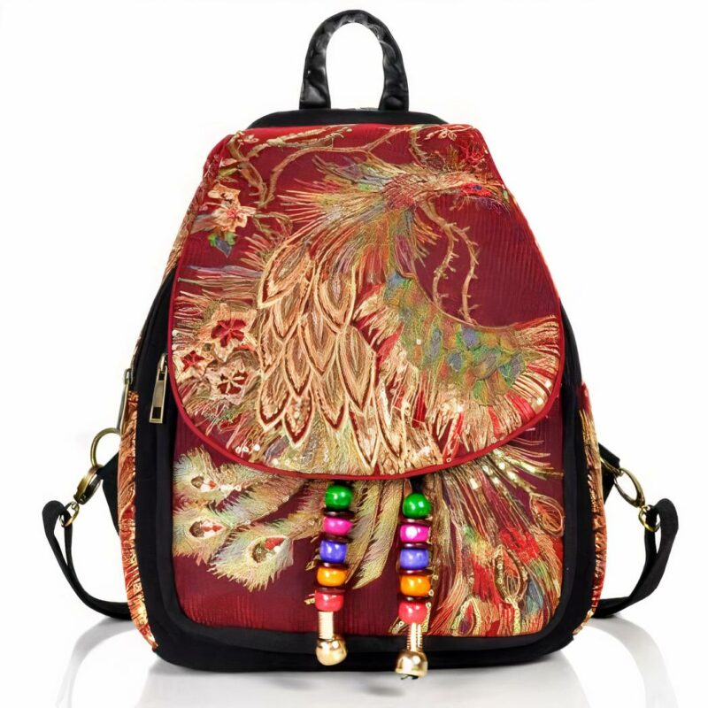 Sac à dos vintage femme à paillettes marron avec un fond blanc