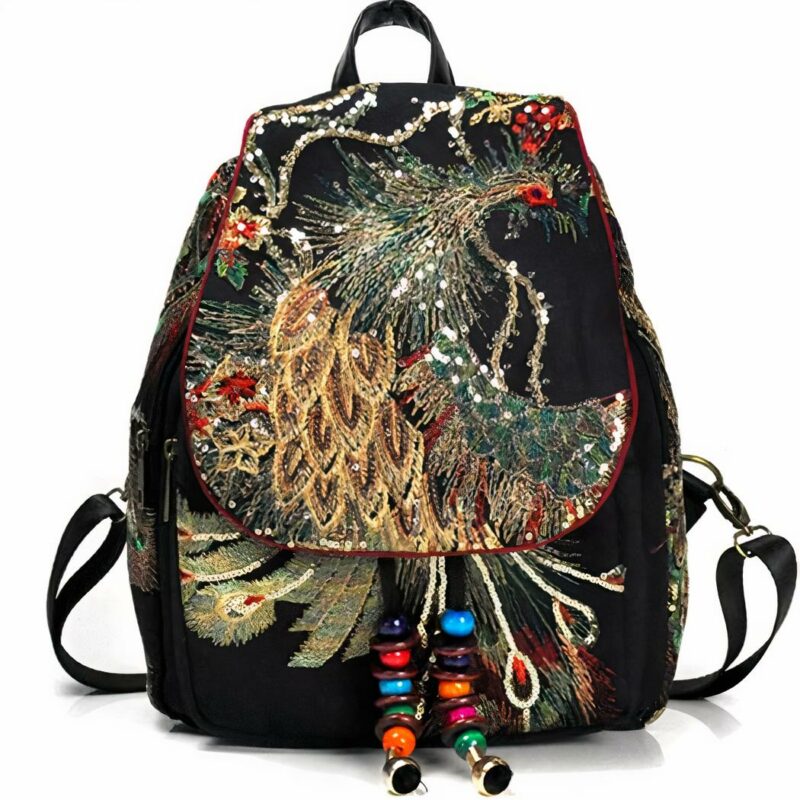 Sac à dos vintage femme à paillettes multicolore avec un fond blanc