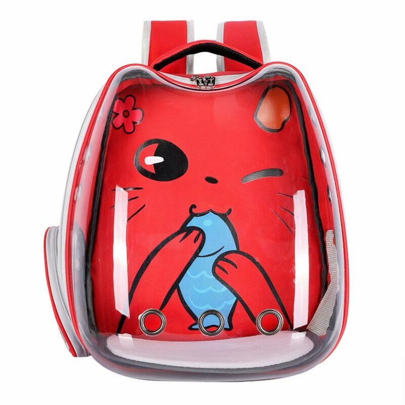 Sac à dos transparent motif dessin animé pour chat rouge et transparent avec un fond blanc