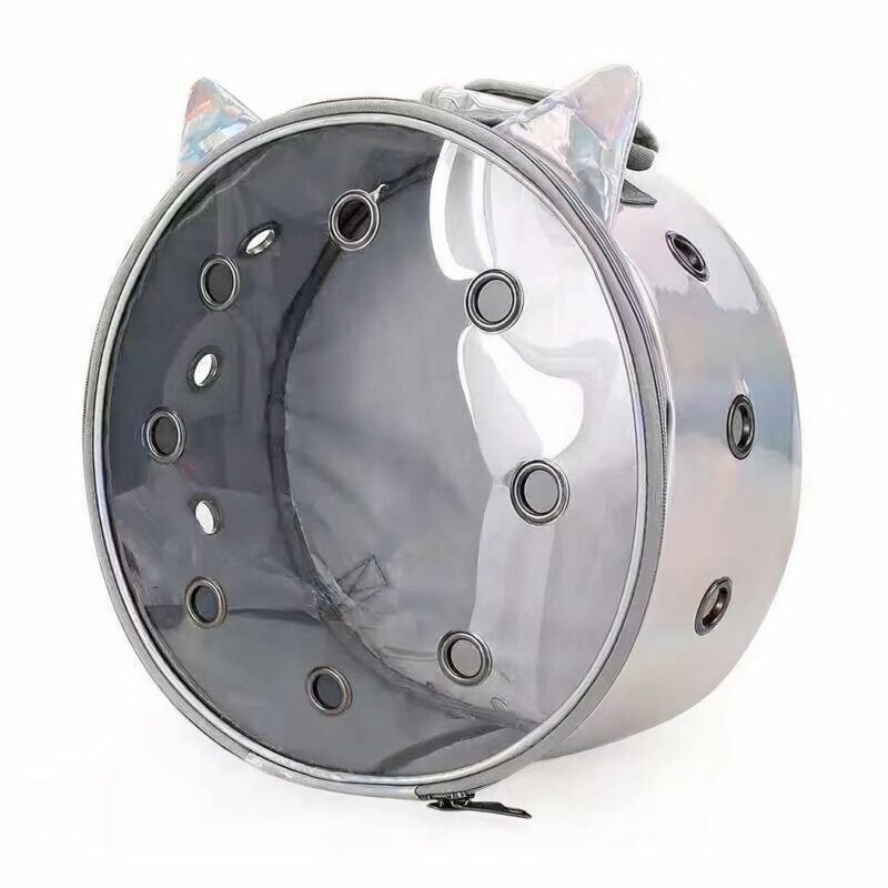 Sac à dos circulaire transparent pour animal gris avec un fond blanc