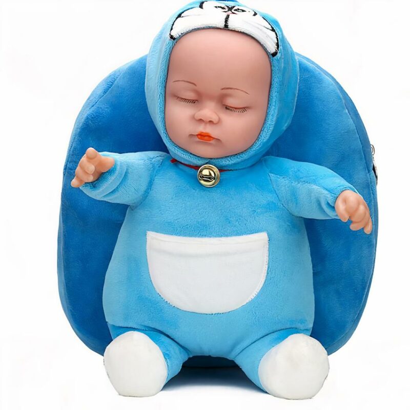 Sac à dos peluche bébé 3D bleu avec un fond blanc