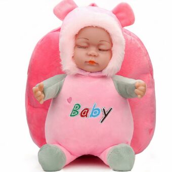 Sac à dos peluche bébé 3D rose avec un fond blanc