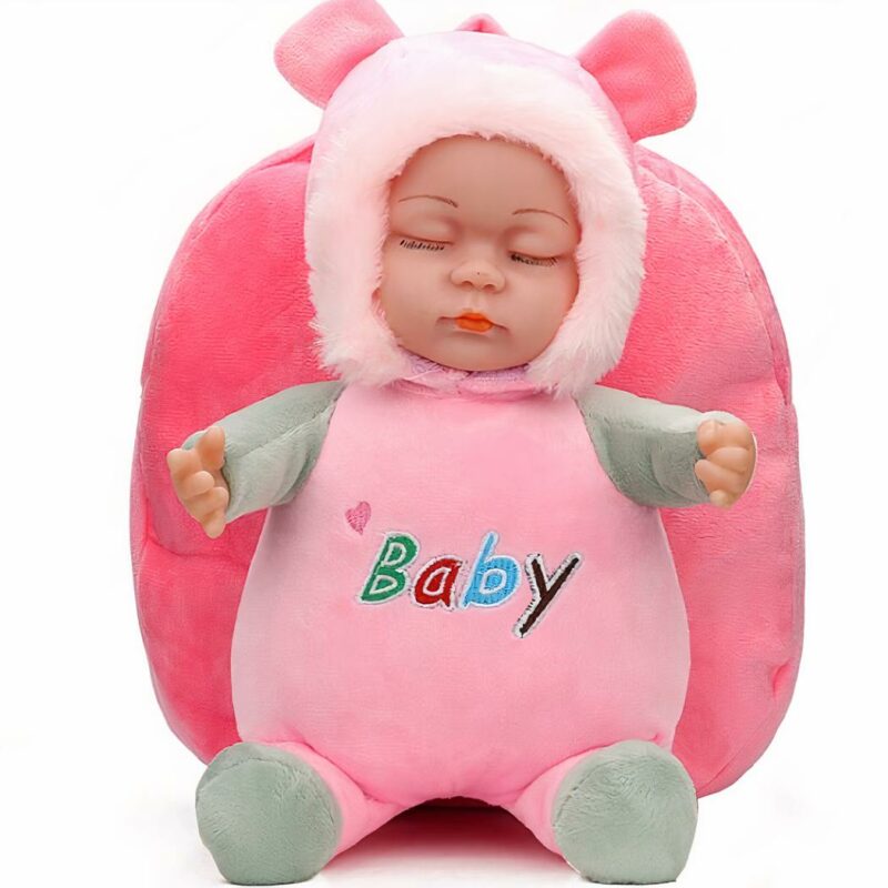 Sac à dos peluche bébé 3D rose avec un fond blanc