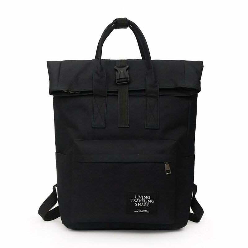 Sac à dos d'ordinateur Rolltop pour femme noir avec un fond blanc