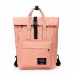Sac à dos d'ordinateur Rolltop pour femme rose avec un fond blanc