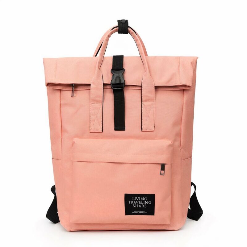 Sac à dos d'ordinateur Rolltop pour femme rose avec un fond blanc