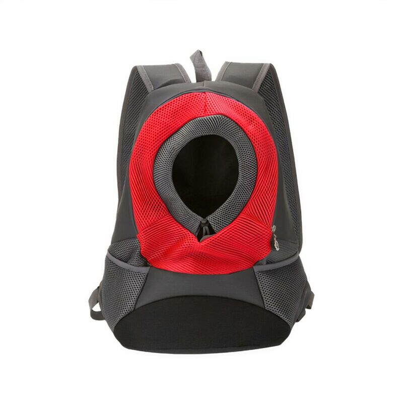 Sac à dos chat en maille respirante avec trou gris et rouge avec un fond blanc