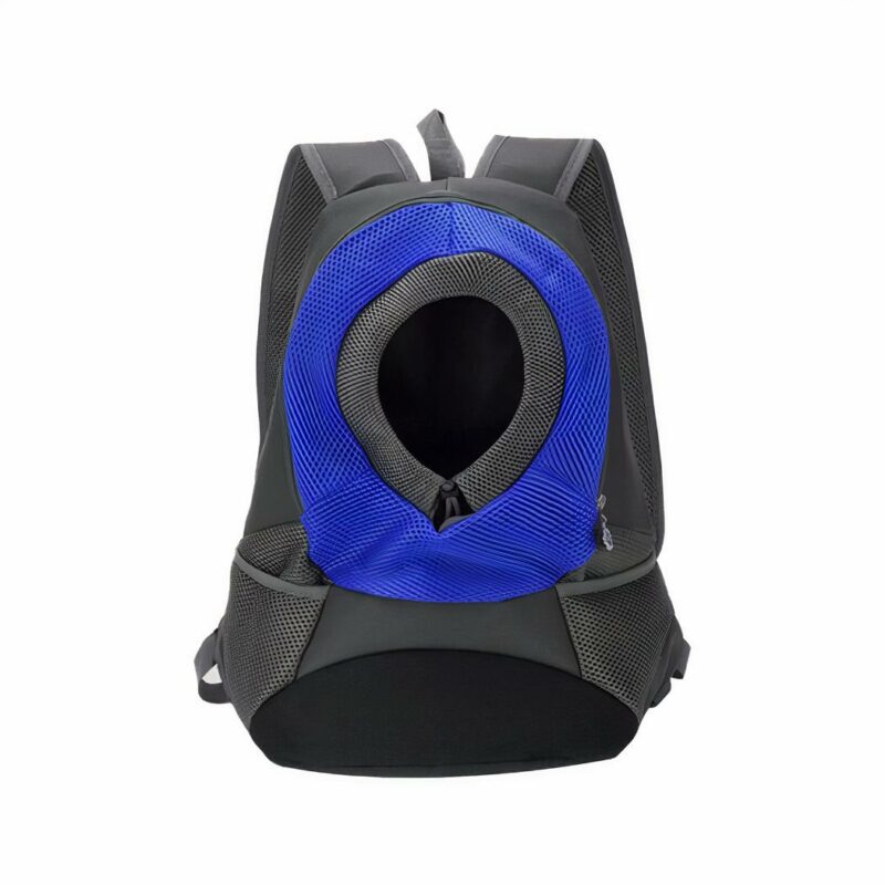Sac à dos chat en maille respirante avec trou noir et bleu avec un fond blanc