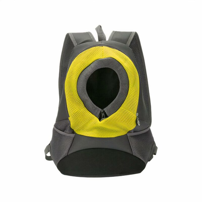 Sac à dos chat en maille respirante avec trou gris et jaune avec un fond blanc