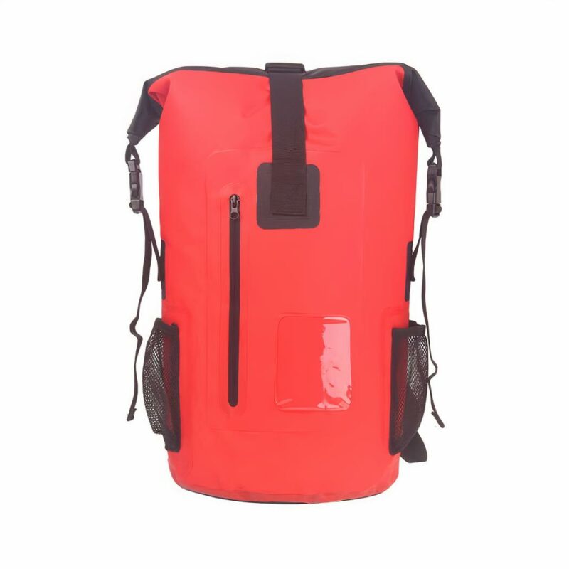 Sac de moto Rolltop étanche rouge avec un fond blanc