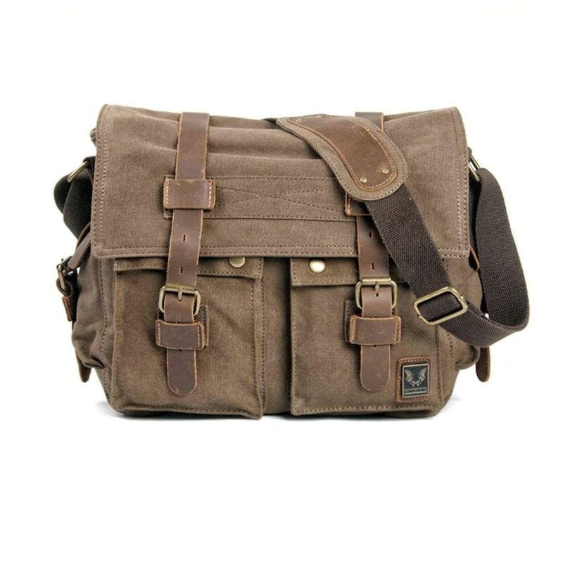 Cartable homme en toile et cuir - Marron - sac de messager Sac bandoulière