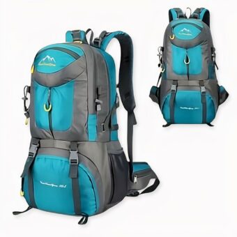Grand sac à dos étanche bleu et gris avec un fond blanc