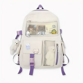 Sac à dos avec petite peluche ours pour filles violet, bonne qualité et très tendance.