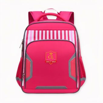 Sac à dos école réfléchissant pour enfant rose avec un fond blanc et les dimensions du sac. Bonne qualité et très à la mode.