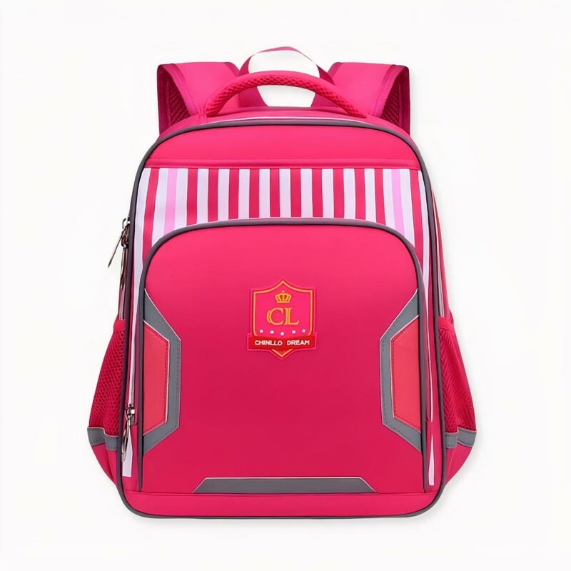 Sac à dos école réfléchissant pour enfant rose avec un fond blanc et les dimensions du sac. Bonne qualité et très à la mode.