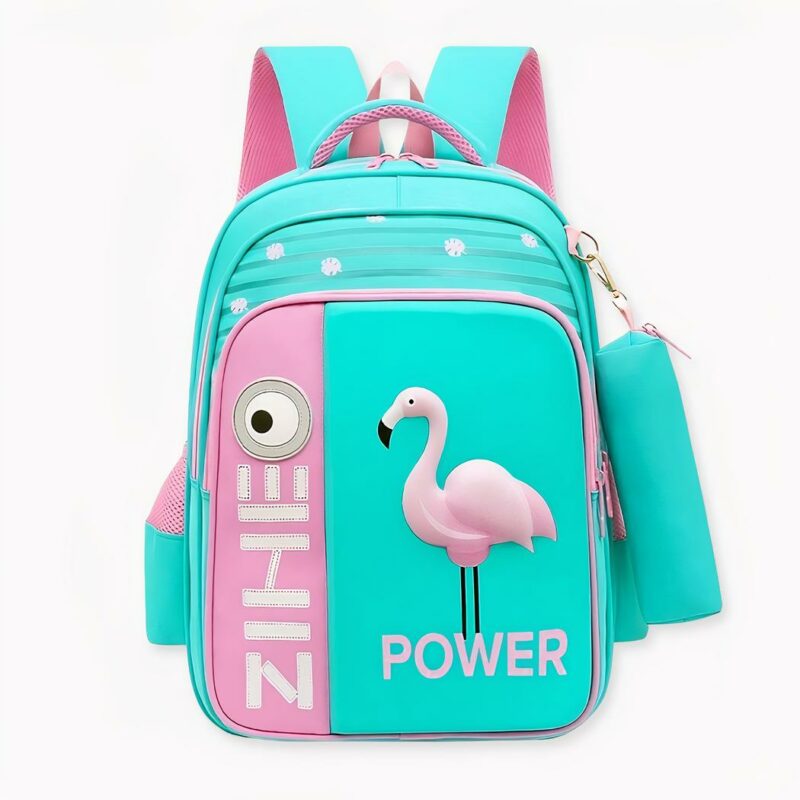 Sac à dos écolier motif flamant rose en 3D, couleur vert, bonne qualité et très tendance.