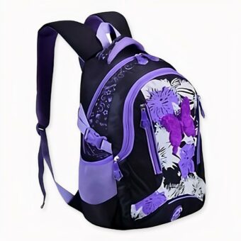 Sac à dos fille coloré motif papillon violet et noir. Bonne qualité et très à la mode.