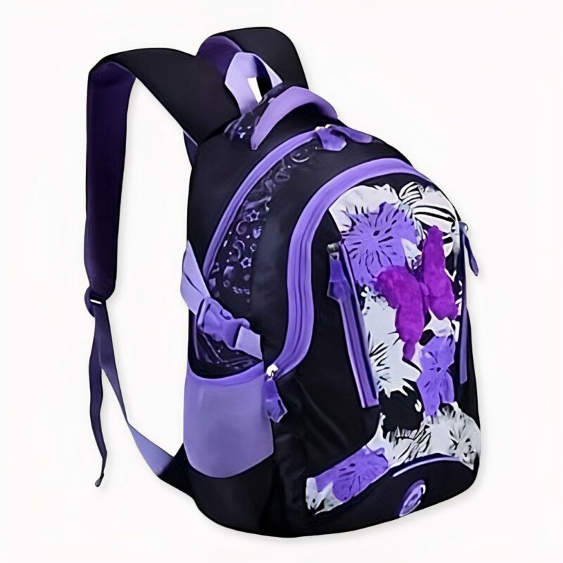 Sac à dos fille coloré motif papillon violet et noir. Bonne qualité et très à la mode.