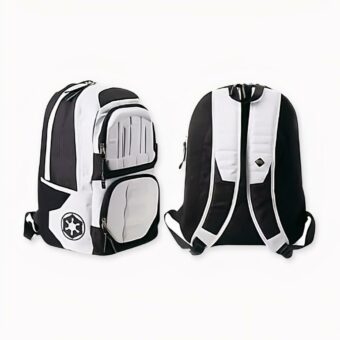 Sac à dos voyage style Star Wars blanc et noir avec un fond blanc