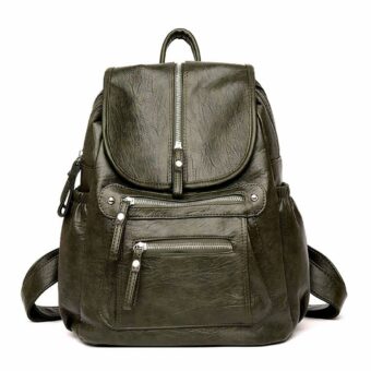 Sac à dos vintage fermeture éclair simili cuir vert avec un fond blanc
