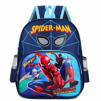 Sac à dos d'école Spiderman et ses amis bleu avec un fond blanc