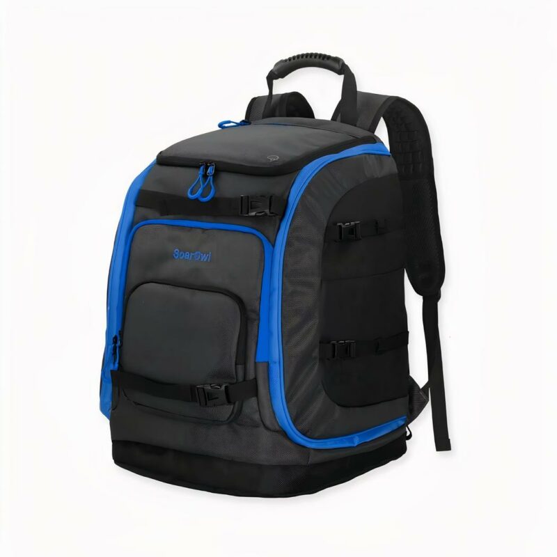 Sac à dos de ski de grande capacité 50L étanche avec attaches pour matériel sur fond gris clair.