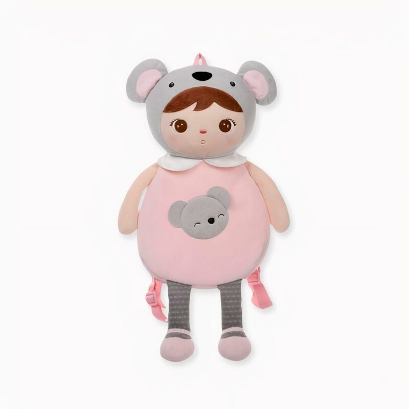 Sac à dos en peluche poupée pour fille, rose et gris, bonne qualité et très tendance.