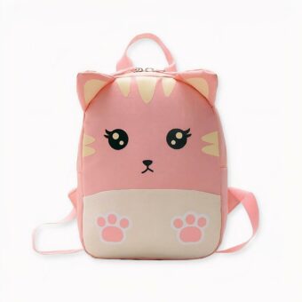 Sac à dos en petit chat rose pour enfants avec regard mignon et oreilles en rose.