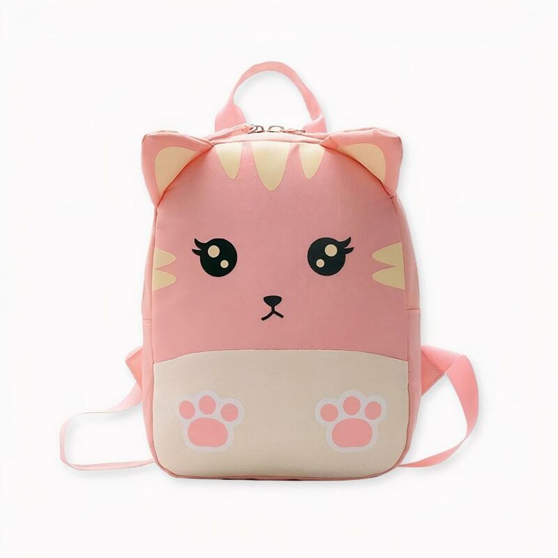 Sac à dos en petit chat rose pour enfants avec regard mignon et oreilles en rose.
