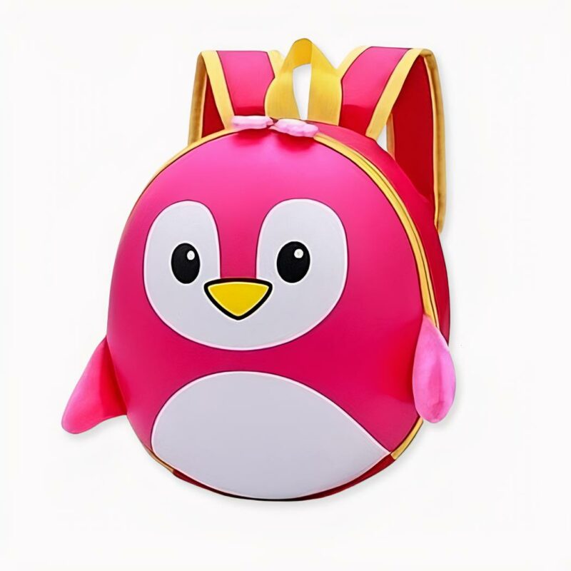Sac à dos pingouin en coque rigide pour enfants rose et jaune.