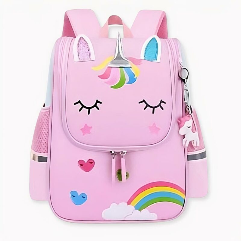 Sac_à_dos_licorne_rose_pour_fille_2 Sac à dos licorne rose pour fille avec motifs devant et poches latérales