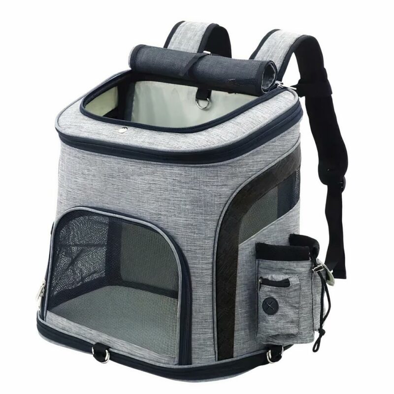 Sac à dos pour chat double ouverture gris et noir avec un fond blanc