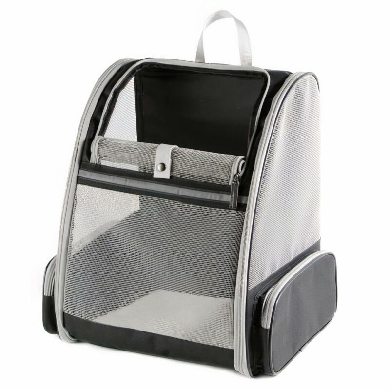 Sac à dos pour chat respirant gris et noir avec un fond blanc